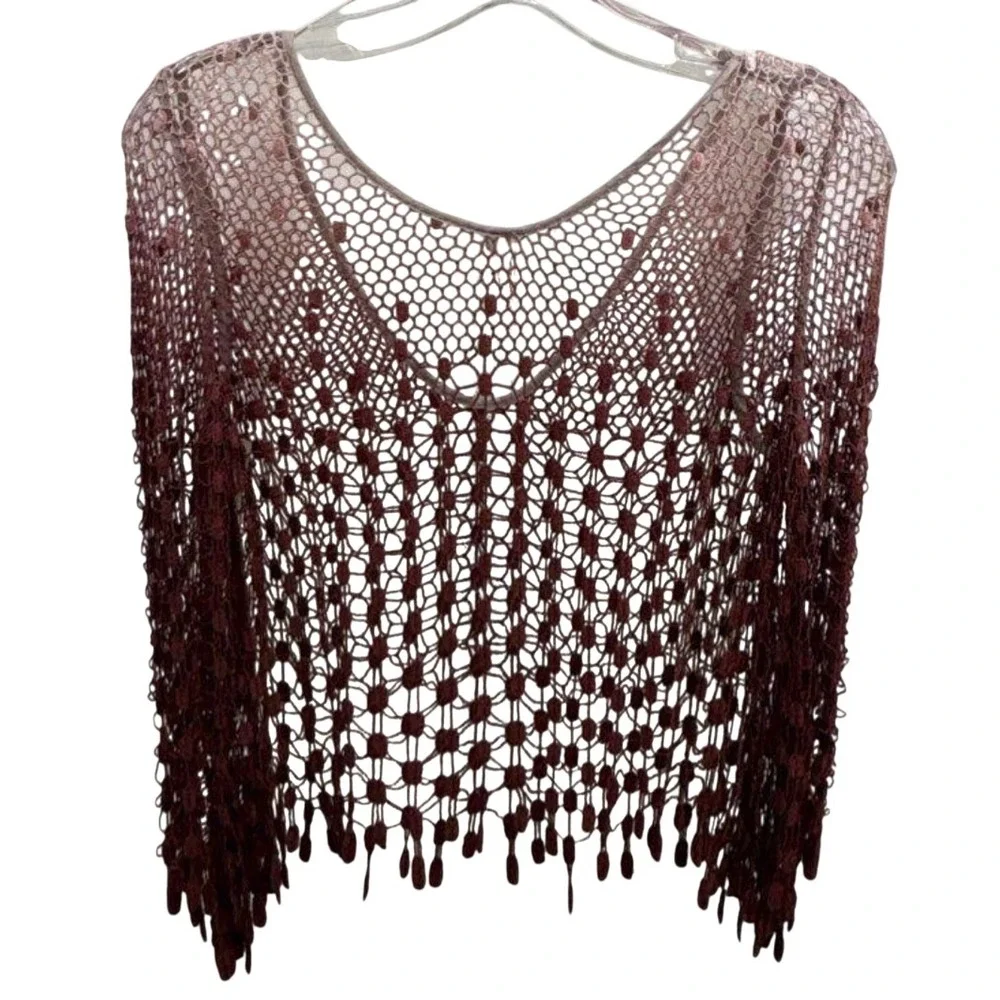 Free People Pink Burgundy Ombre Crochet Fringe Off-the-Shoulder Sweater XS TP